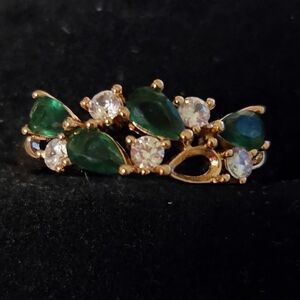 Gold Tone Ring with Emerald Green and White Moissonite
